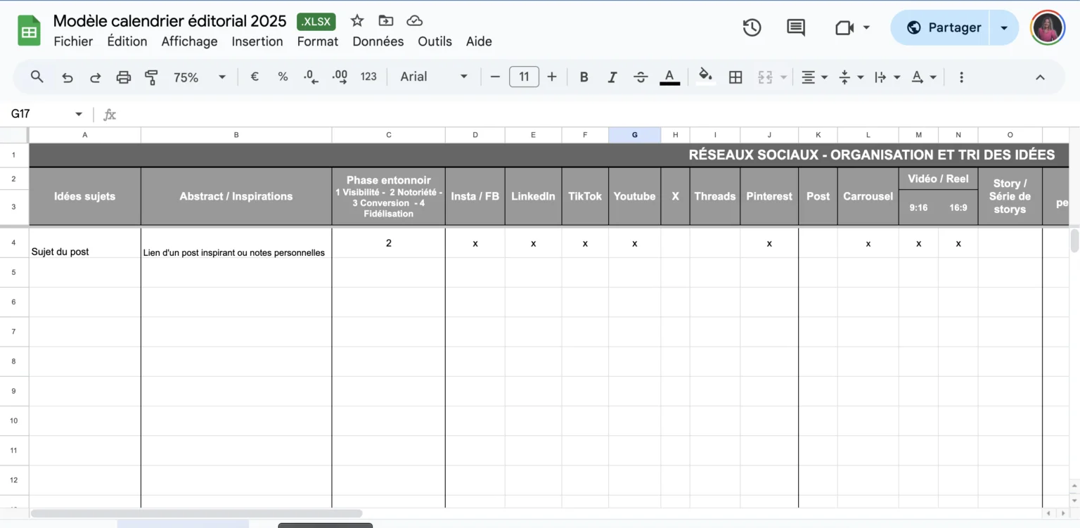 Modèle calendrier éditorial 2025 pour lister, trier, organiser ses idées et planifier ses contenus pour les réseaux sociaux